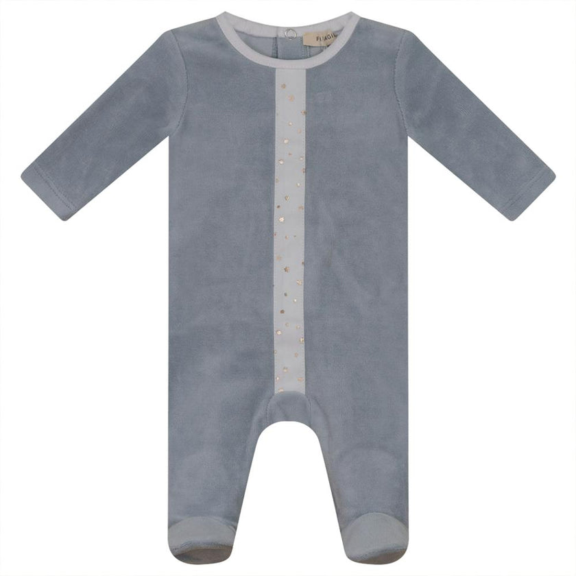 Gold Stars Print Velour Button Front Long Sleeve Romper