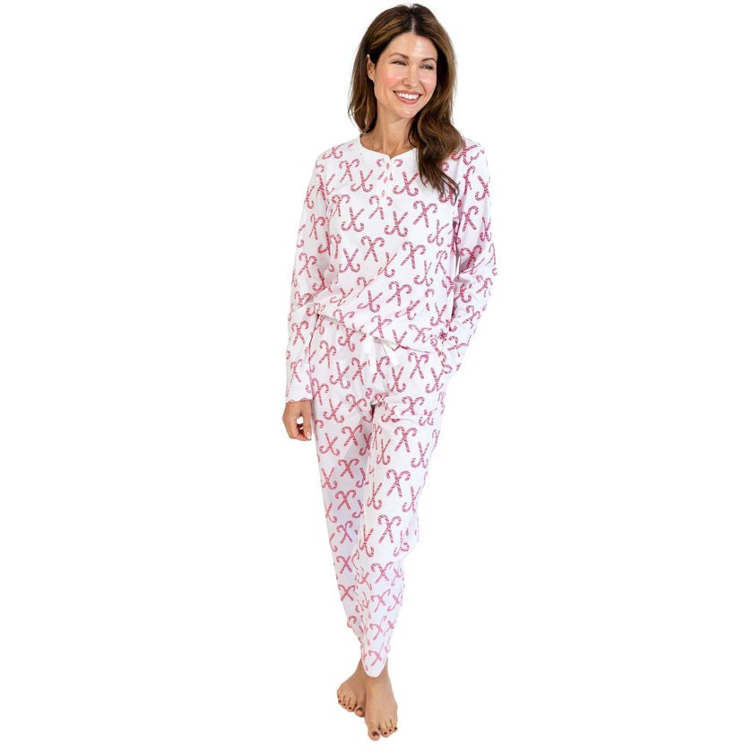 Women's Candy Cane Long PJ Set - Red White Organic Stretch Jersey Knit Cotton