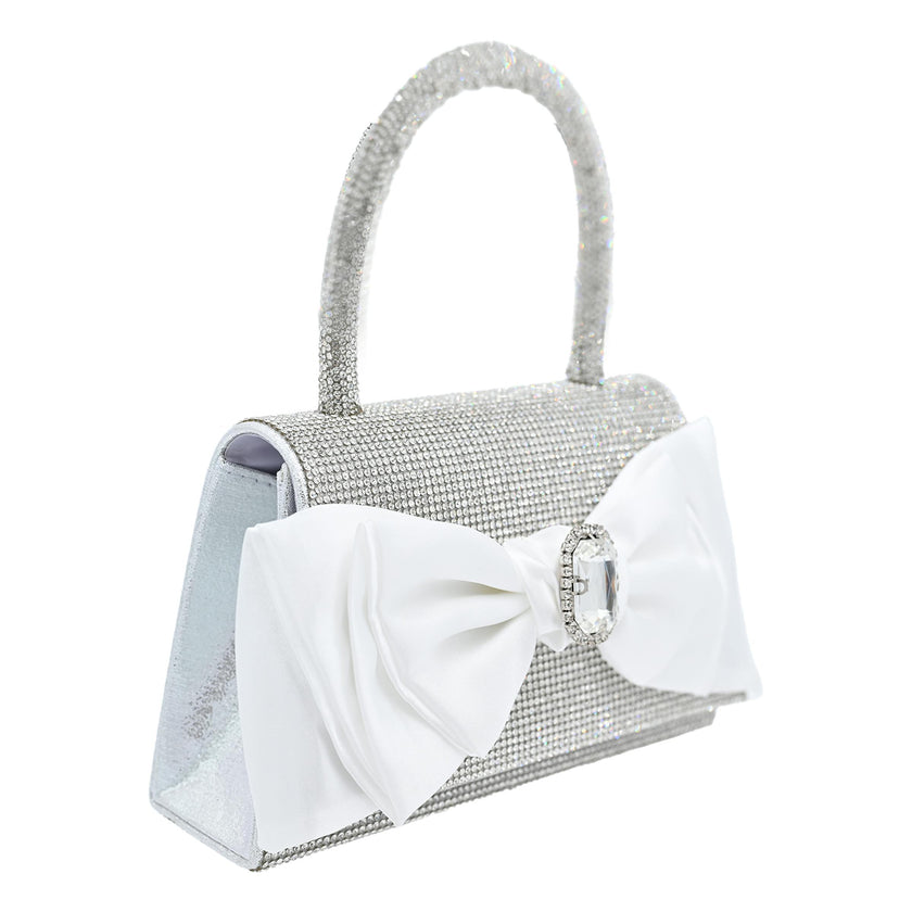 White Bow Accented Silver Rhinestone Handbag