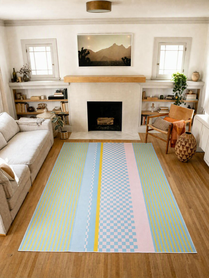 Blue and Pink Striped Checkered Rug by Heather Zhou