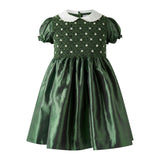 Green Taffeta Rosebud Smocked Dress