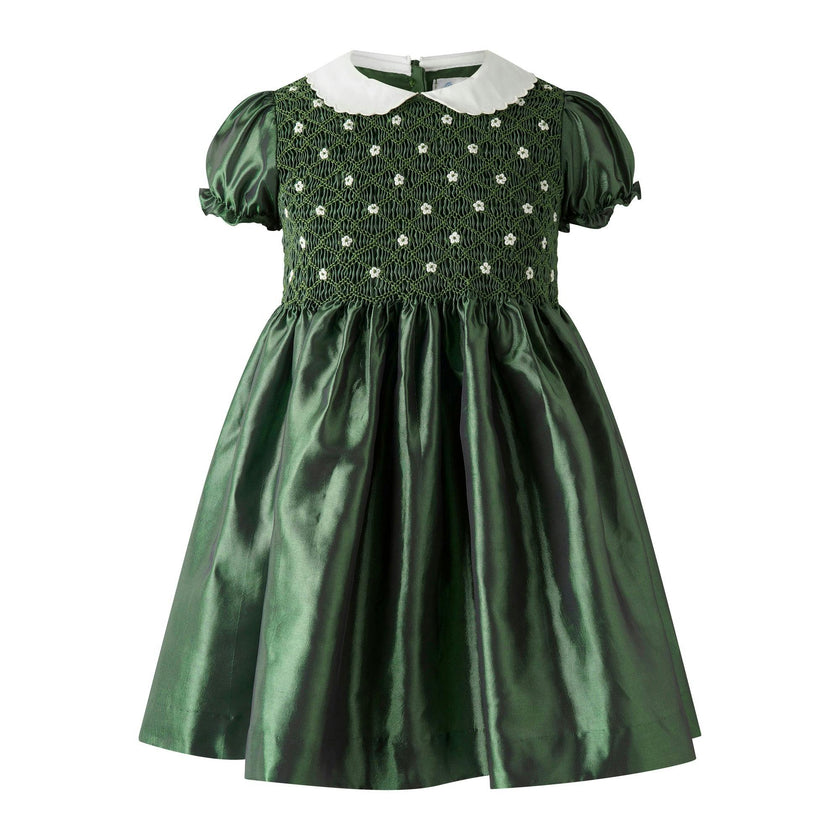 Green Taffeta Rosebud Smocked Dress