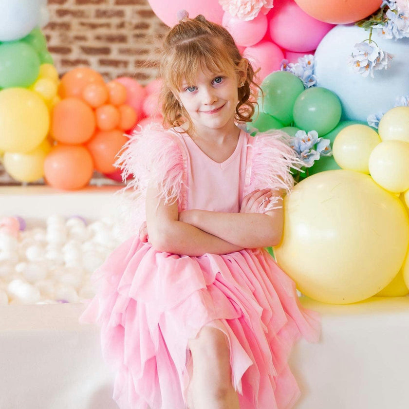 Gigi Feather Sleeve Tired Tulle Dress