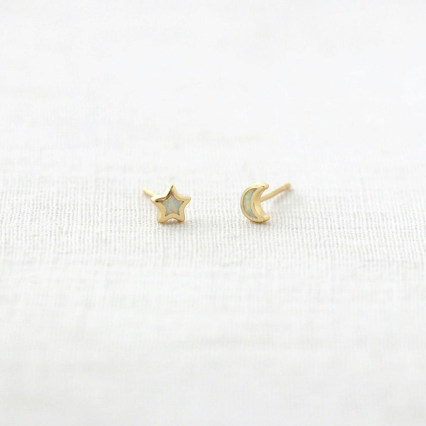Opal Star Moon Stud Earrings
