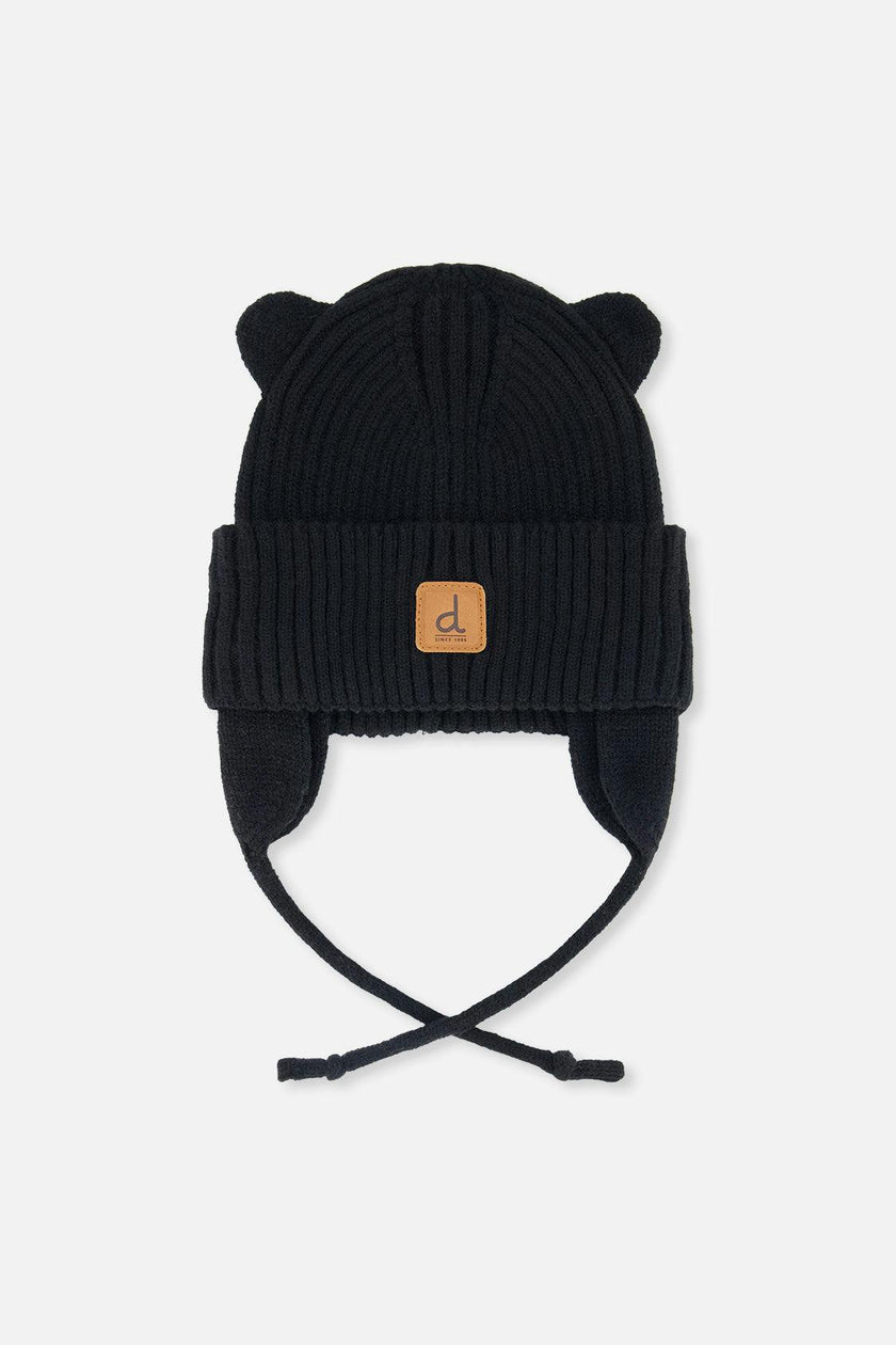 Baby Knit Hat With Strings Black