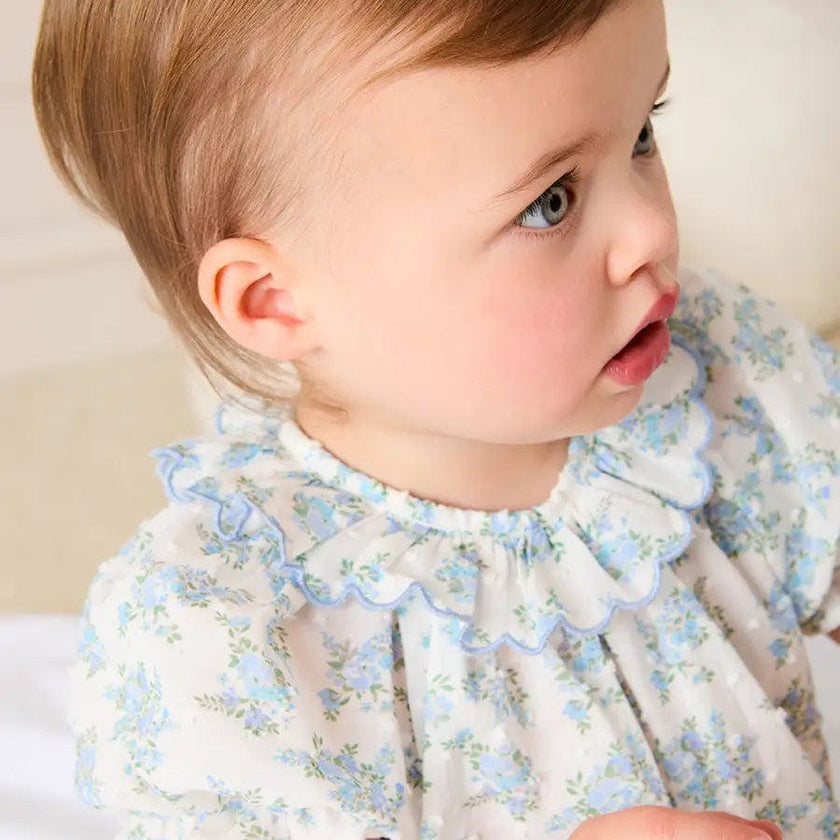 Esme Floral Swiss Voile Scallop Detail All-In-One Pyjamas in Blue (9mths-2yrs)