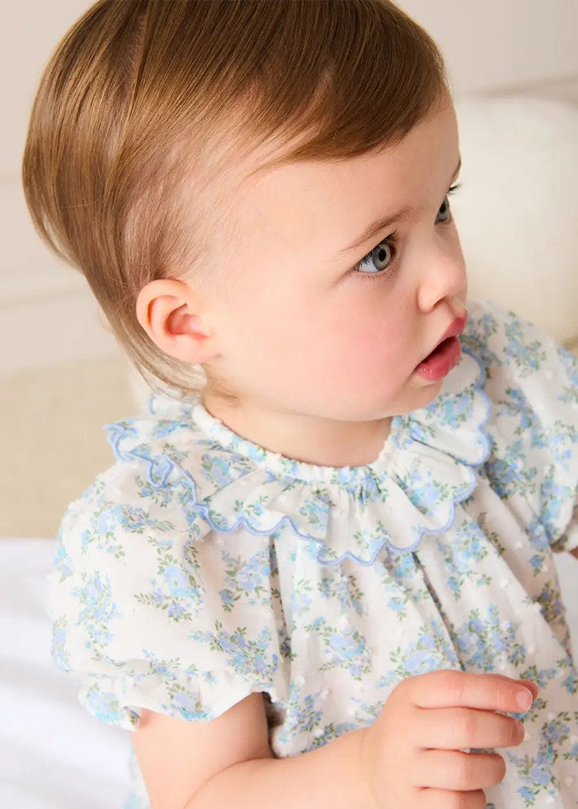 Esme Floral Swiss Voile Scallop Detail All-In-One Pyjamas in Blue (9mths-2yrs)