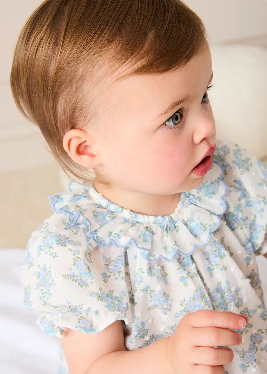 Esme Floral Swiss Voile Scallop Detail All-In-One Pyjamas in Blue (9mths-2yrs)