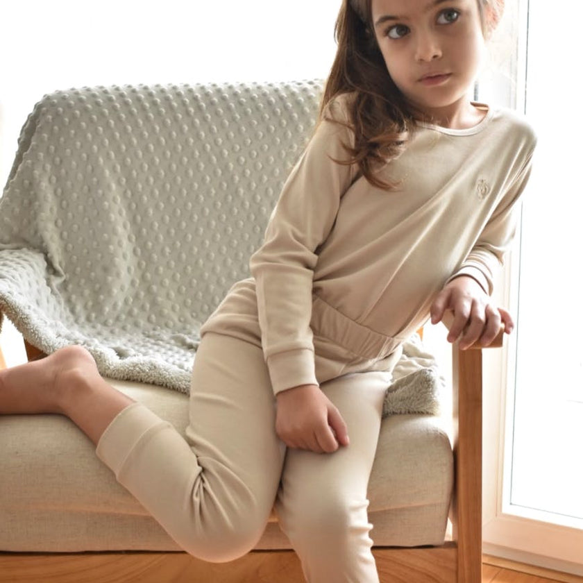 Girl Beige Pajama Set in Pima Cotton