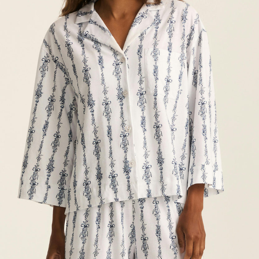 The Olivia Wide Leg Pima Pajama Set in Navy Mayfair Toile