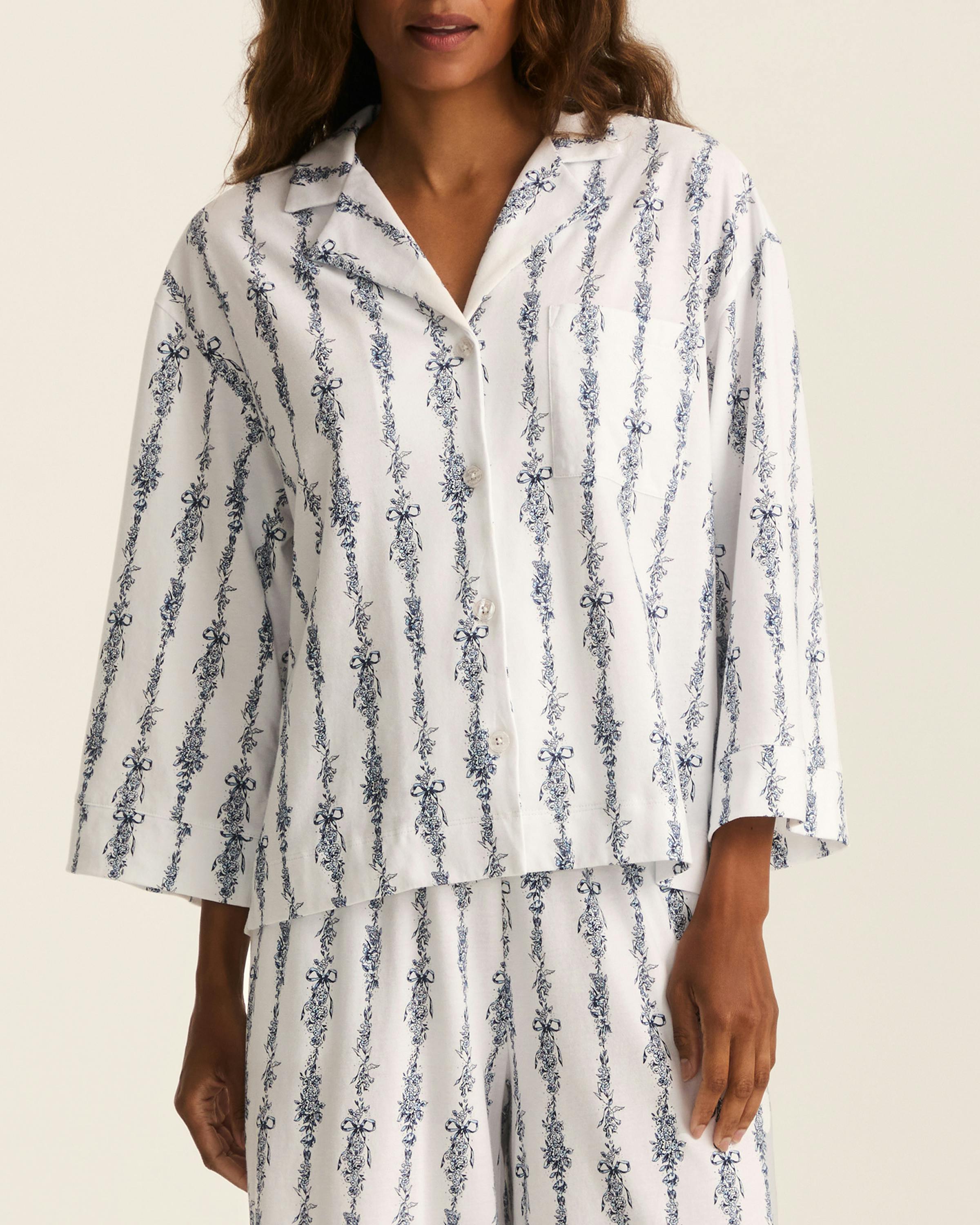 The Olivia Wide Leg Pima Pajama Set in Navy Mayfair Toile