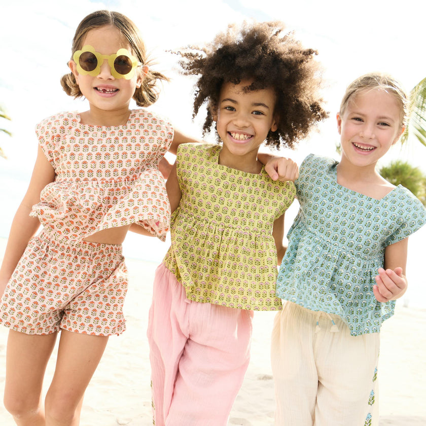 Girls Kamari Top - Pink Prairie Block Print