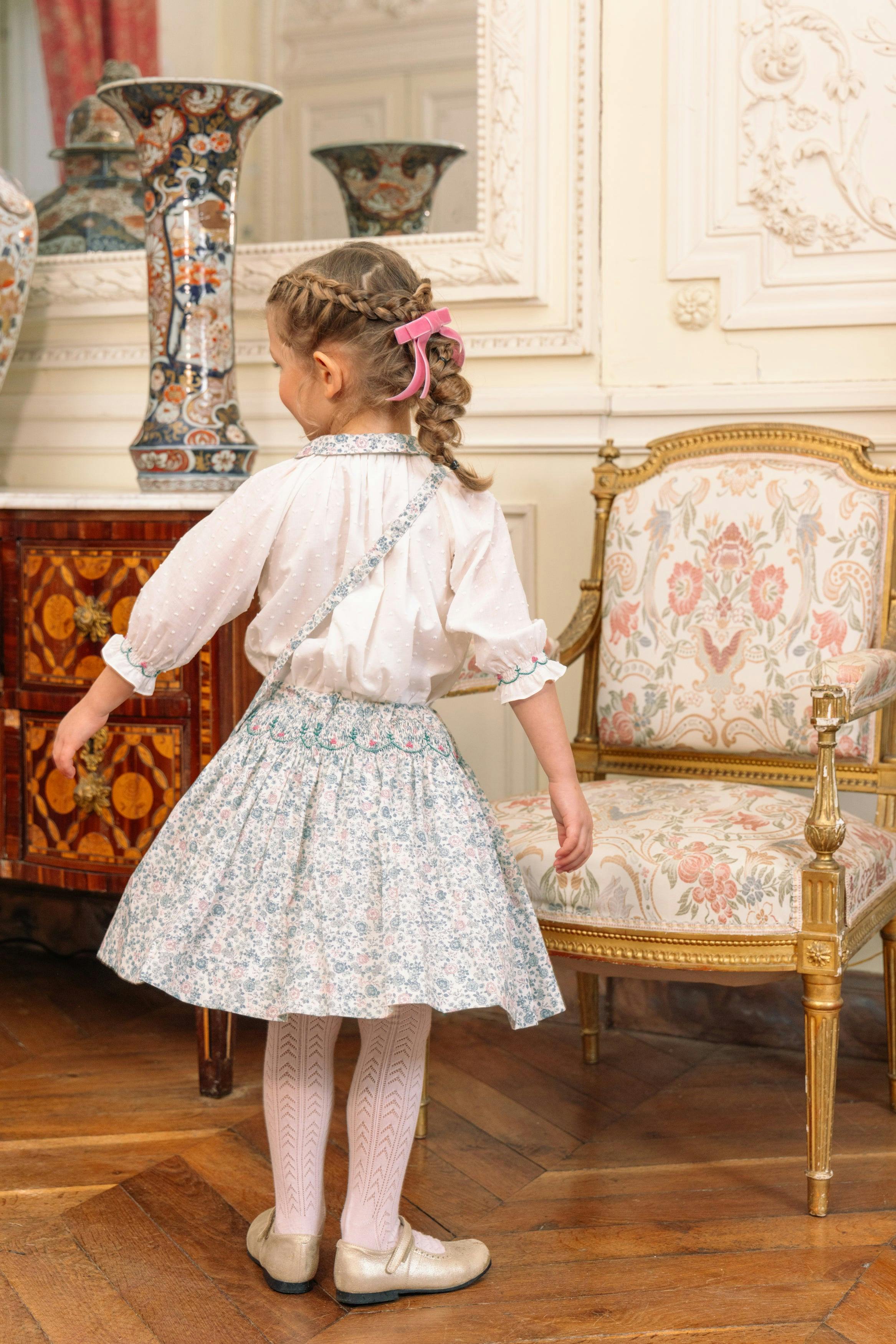 Marie Blue Floral Smocked Skirt Blouse Set