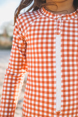 Long Sleeve Rashguard Ruffle Swimsuit | UPF + Recycled - Sienna Gingham