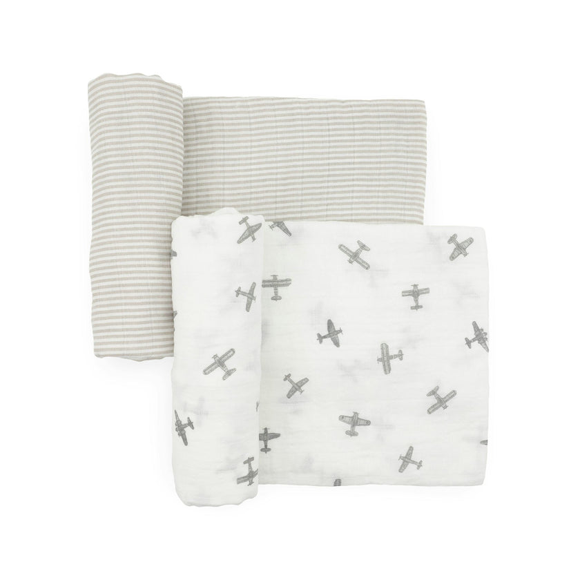 Organic Cotton Muslin Swaddle Blanket 2 Pack - Pewter Planes