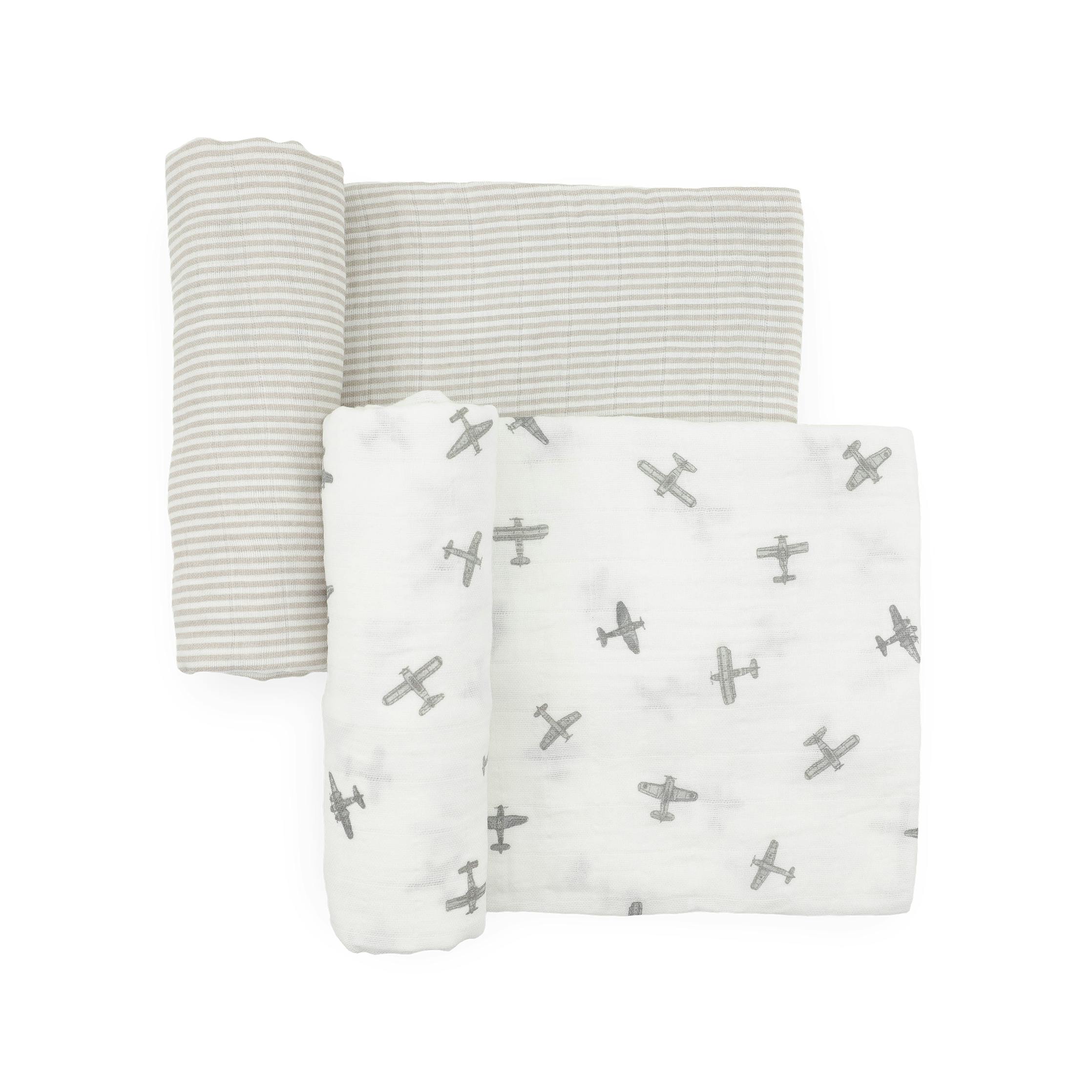 Organic Cotton Muslin Swaddle Blanket 2 Pack - Pewter Planes
