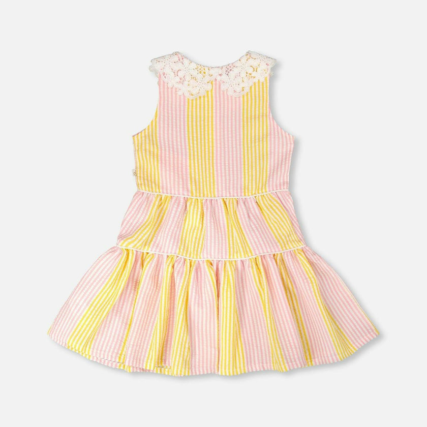 Sleeveless Dress With Crochet Peter Pan Collar Pink And Yellow Stripes