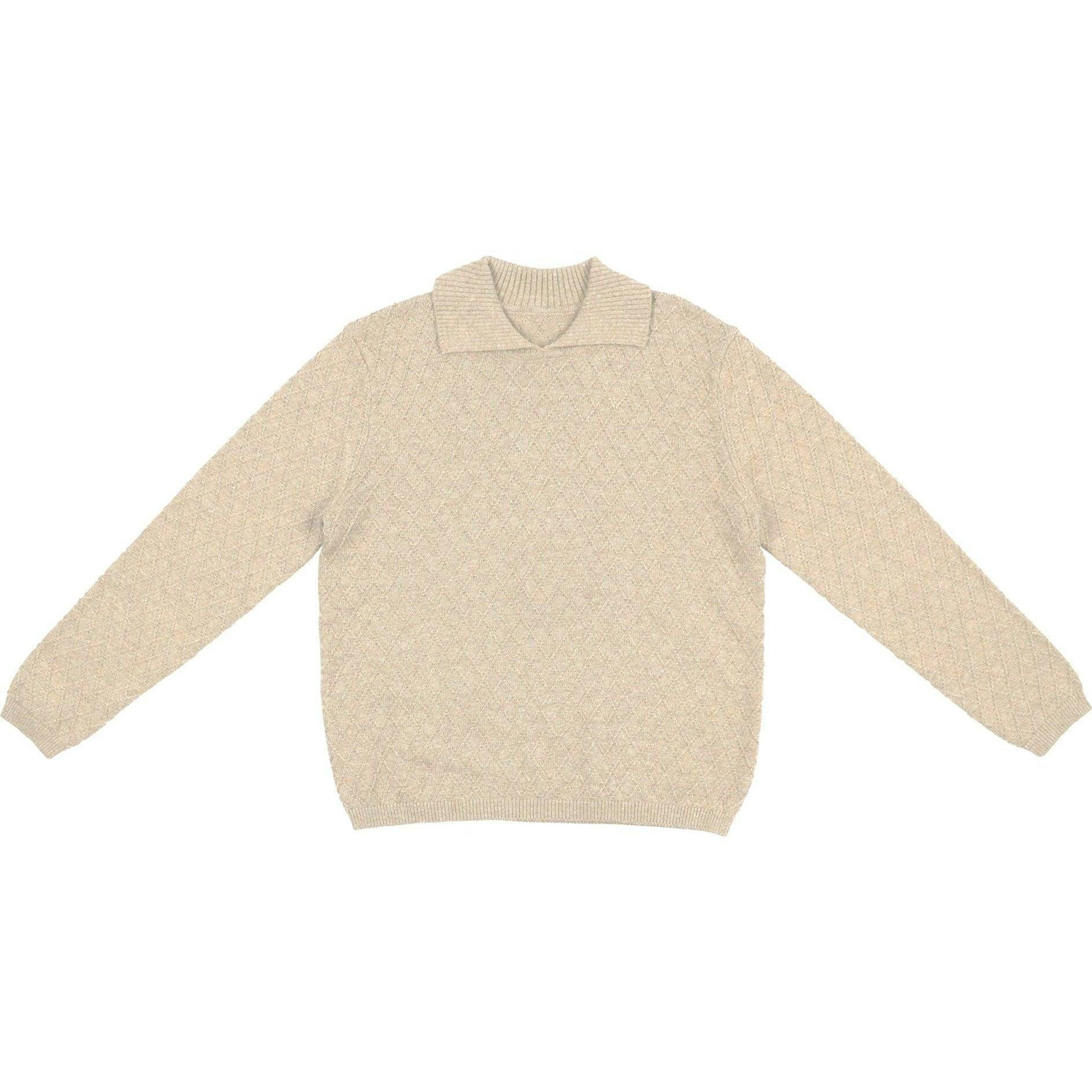 Argyle Fine Knit Collared Rounded V-Neck Sweater