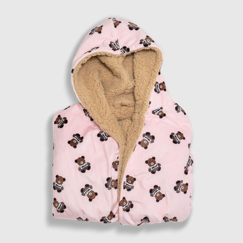 Cozy Switch Robe – Reversible Sherpa & Printed Mink Robe with Appliqué, Teddy Bears