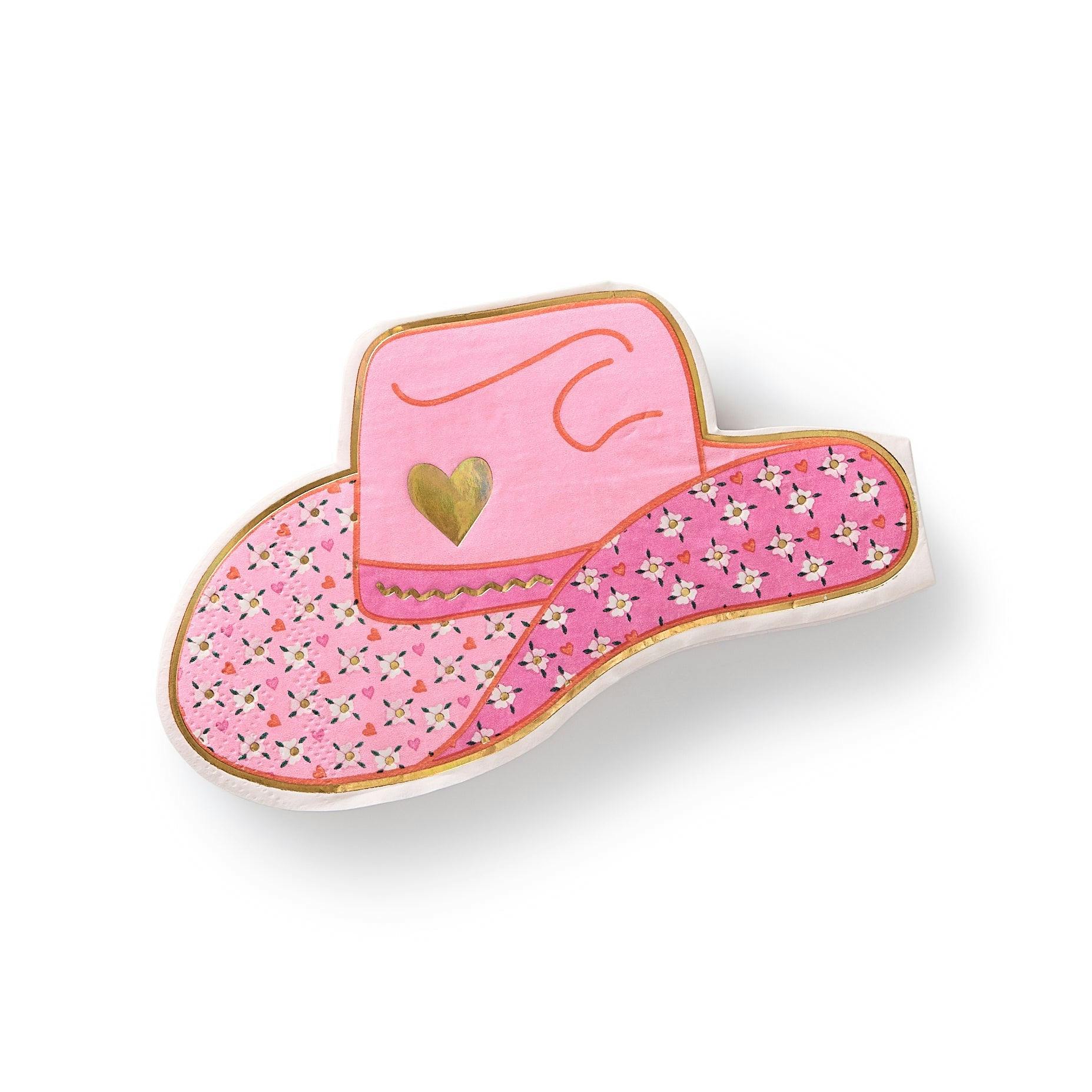 Packed Party Hey Cowgirl Die-Cut Cowboy Hat Dessert Napkins 20ct - Gold Foil Pink Hat-Shaped 3-Ply Napkins for Western Parties