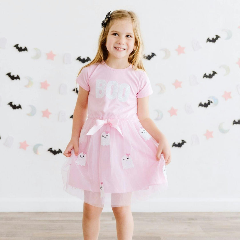 Boo Sequin Patch Halloween Short Sleeve Tutu Dress