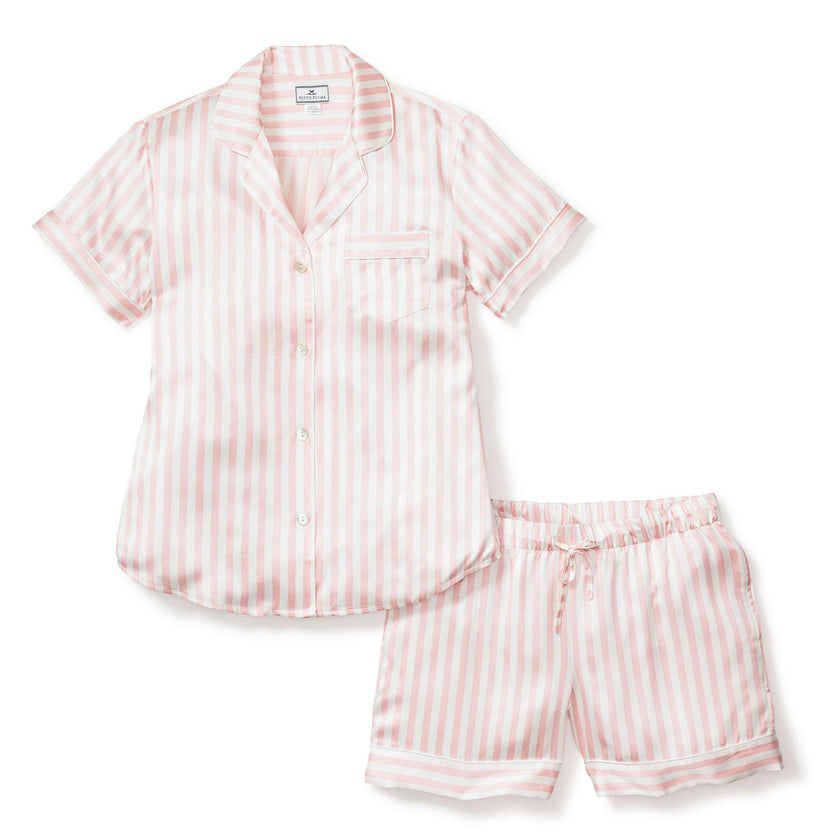 Women's Silk Pajama Short Set in Pink Stripe