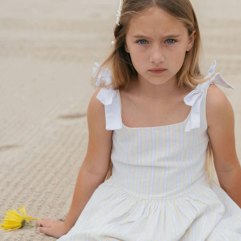 Linen Bow Shoulder Dress, Yellow