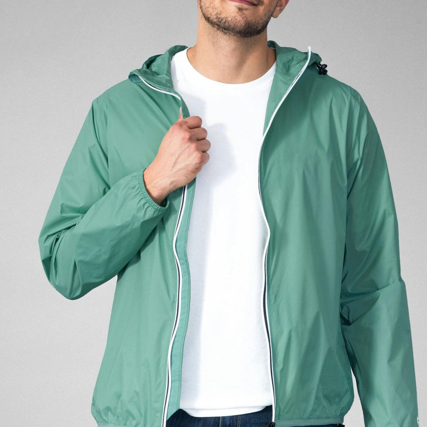 Moss green full zip packable Rain jacket and windbreaker