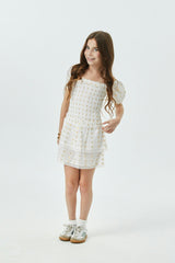 Lexi White Heart Lurex Smocked Short Sleeve Ruffle Dress