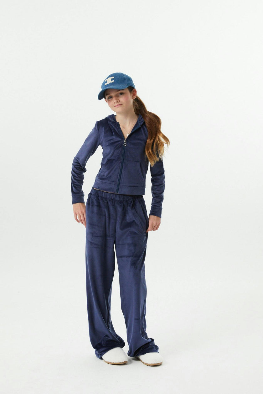 Elle Navy Stretch Velour Zip up Hoodie Sweatshirt