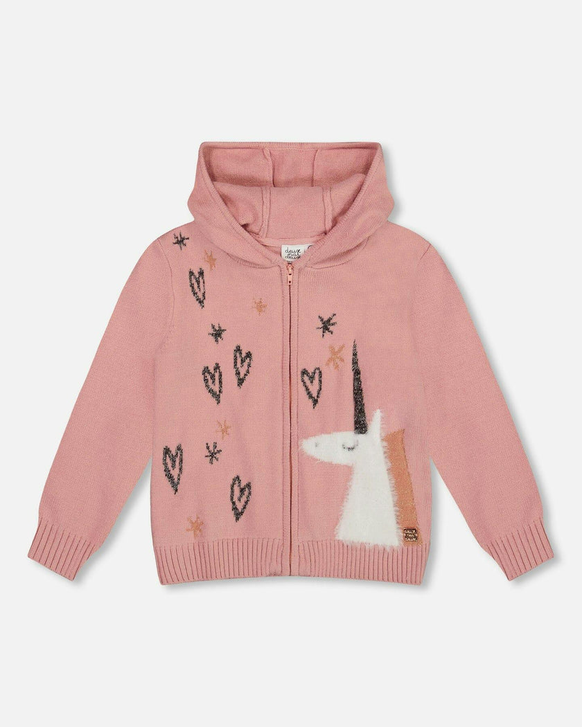 Hooded Knit Cardigan with Intarsia