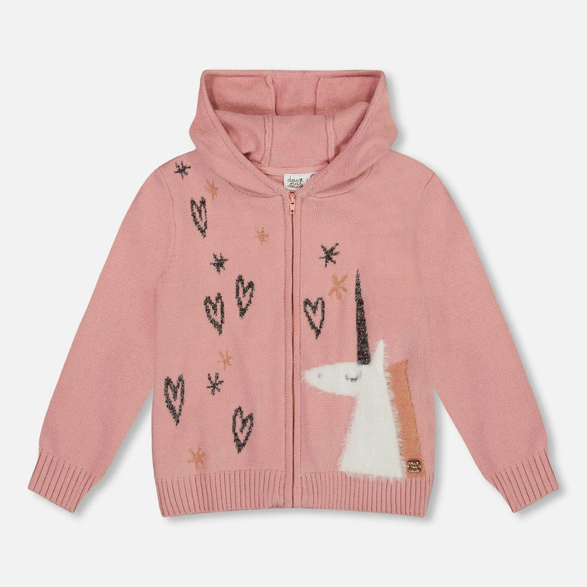 Hooded Knit Cardigan with Intarsia