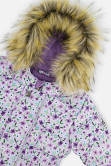 Baby Original One Piece Puffy Snowsuit With Removable Mittens And Boots Purple Printed Mini Flowers