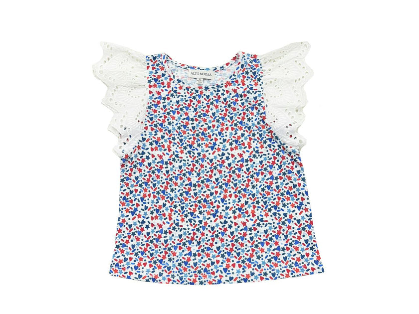Confetti Ruffle Eyelet sleeves T-shirt