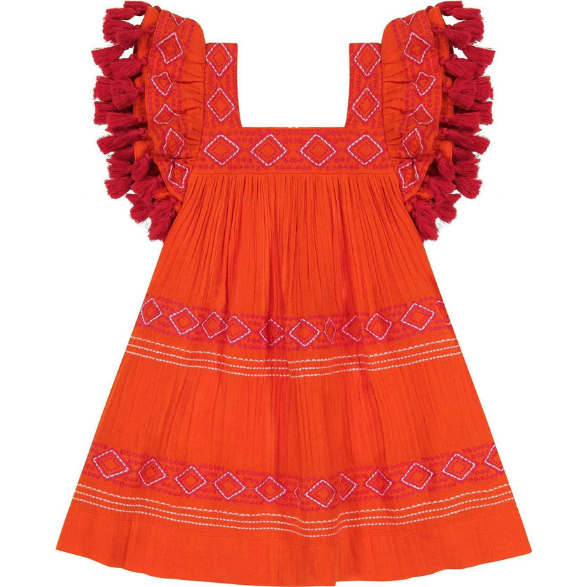 Serena Tassel Embroidered Double Flutter Sleeve Dress, Red