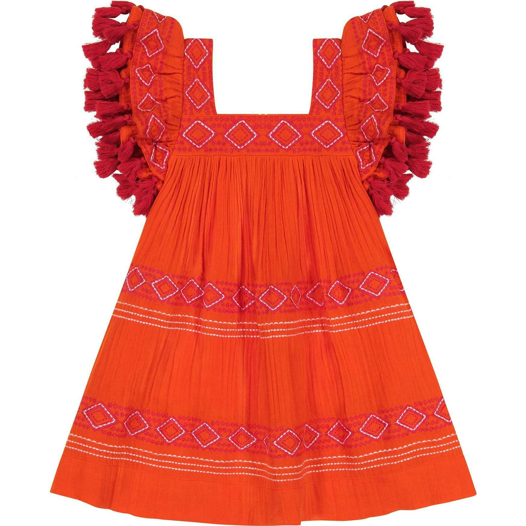 Serena Tassel Embroidered Double Flutter Sleeve Dress, Red