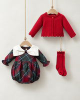 Baby Girl Christmas Plaid Romper, Knit Cardigan & Socks Set