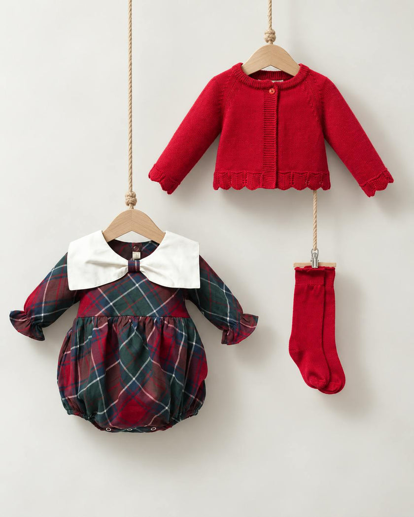 Baby Girl Christmas Plaid Romper, Knit Cardigan & Socks Set