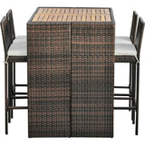 5 Piece Outdoor Bar Height Dining Set With Slat Acacia Wood Tabletop And Woven Weather Resistant Rattan With 4 Bar Stool Chairs And Cushions