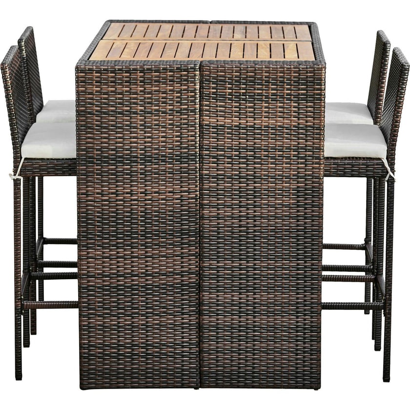 5 Piece Outdoor Bar Height Dining Set With Slat Acacia Wood Tabletop And Woven Weather Resistant Rattan With 4 Bar Stool Chairs And Cushions