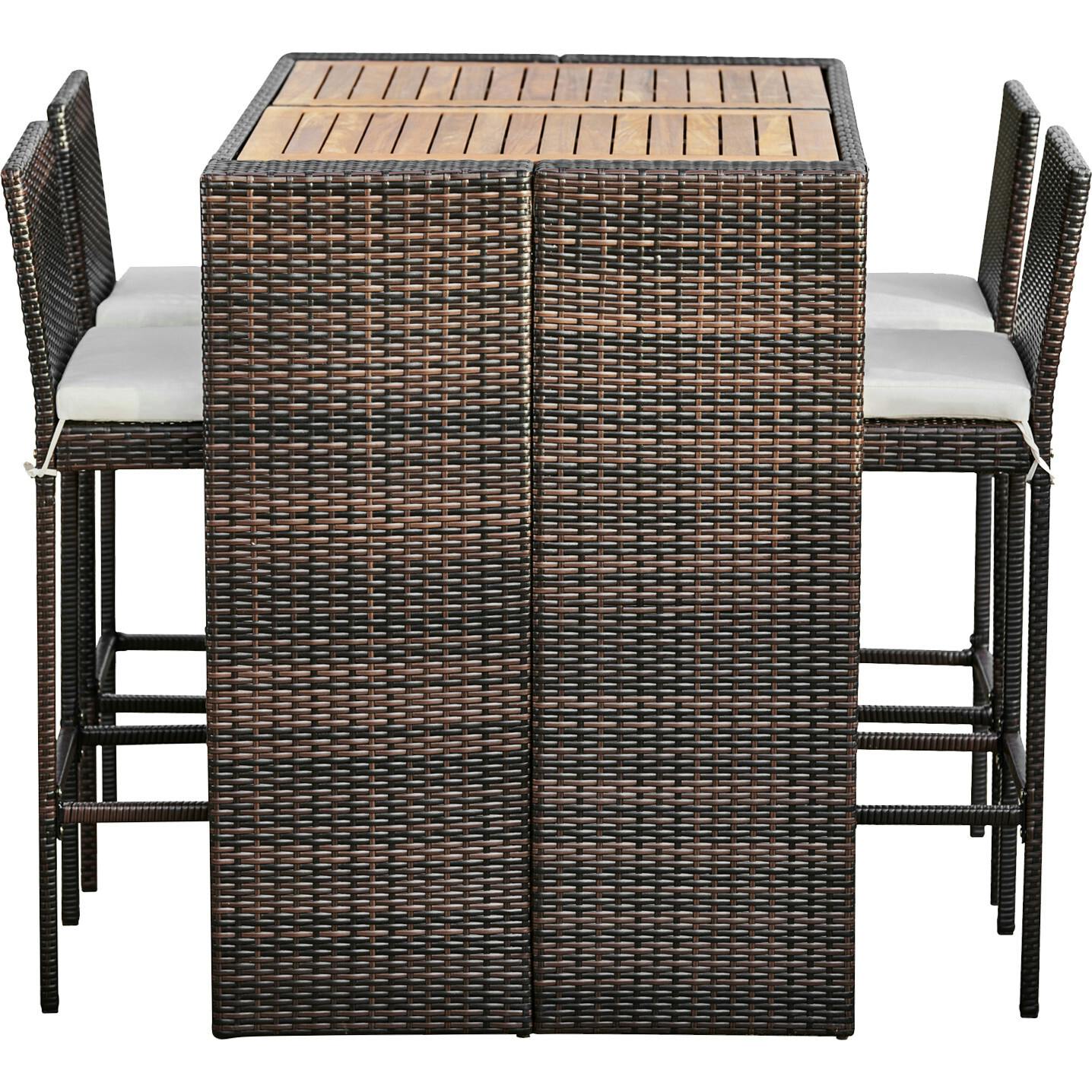 5 Piece Outdoor Bar Height Dining Set With Slat Acacia Wood Tabletop And Woven Weather Resistant Rattan With 4 Bar Stool Chairs And Cushions