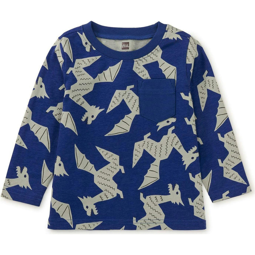 Long Sleeve Printed Pocket Tee, Blue