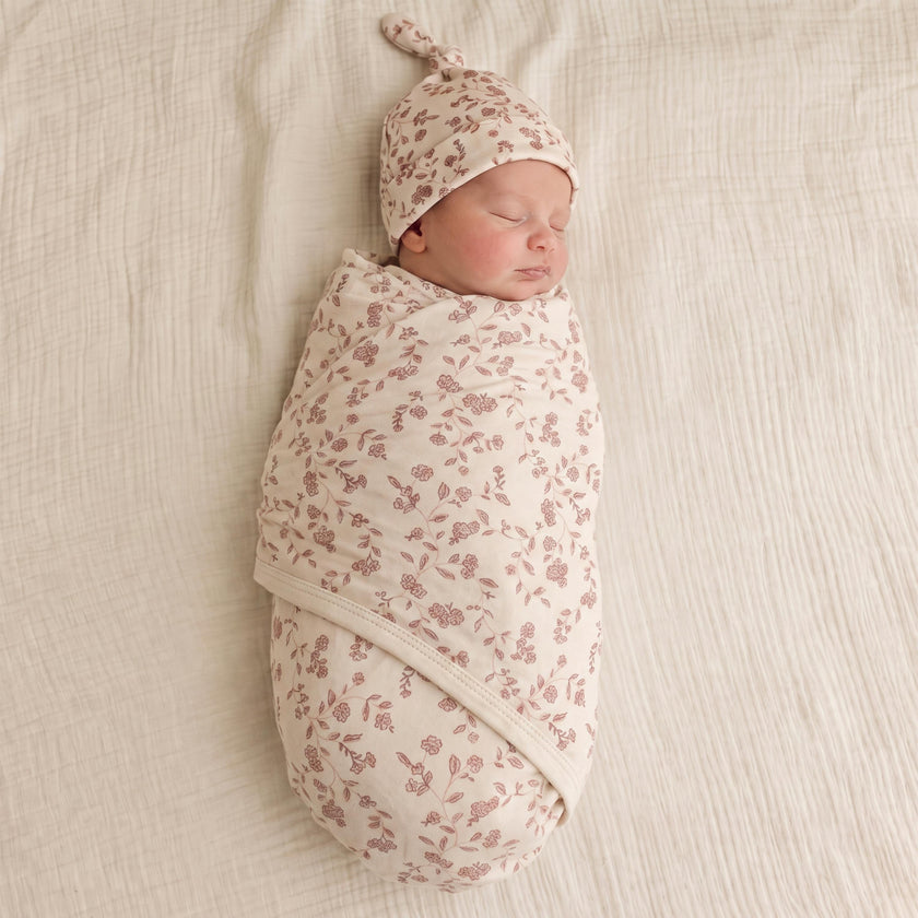 Organic Swaddle Blanket & Hat Set - Petal Whispers