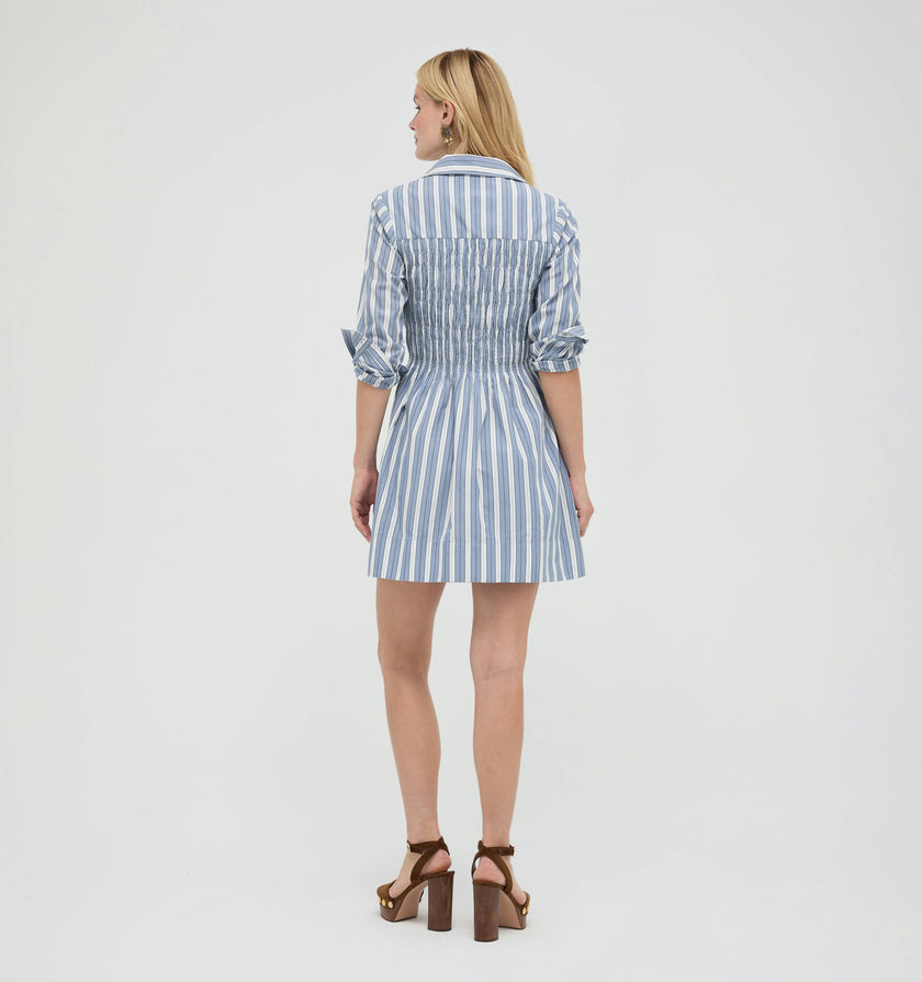 The Mira Dress -  Coln Ticking Stripe Dusty Blue