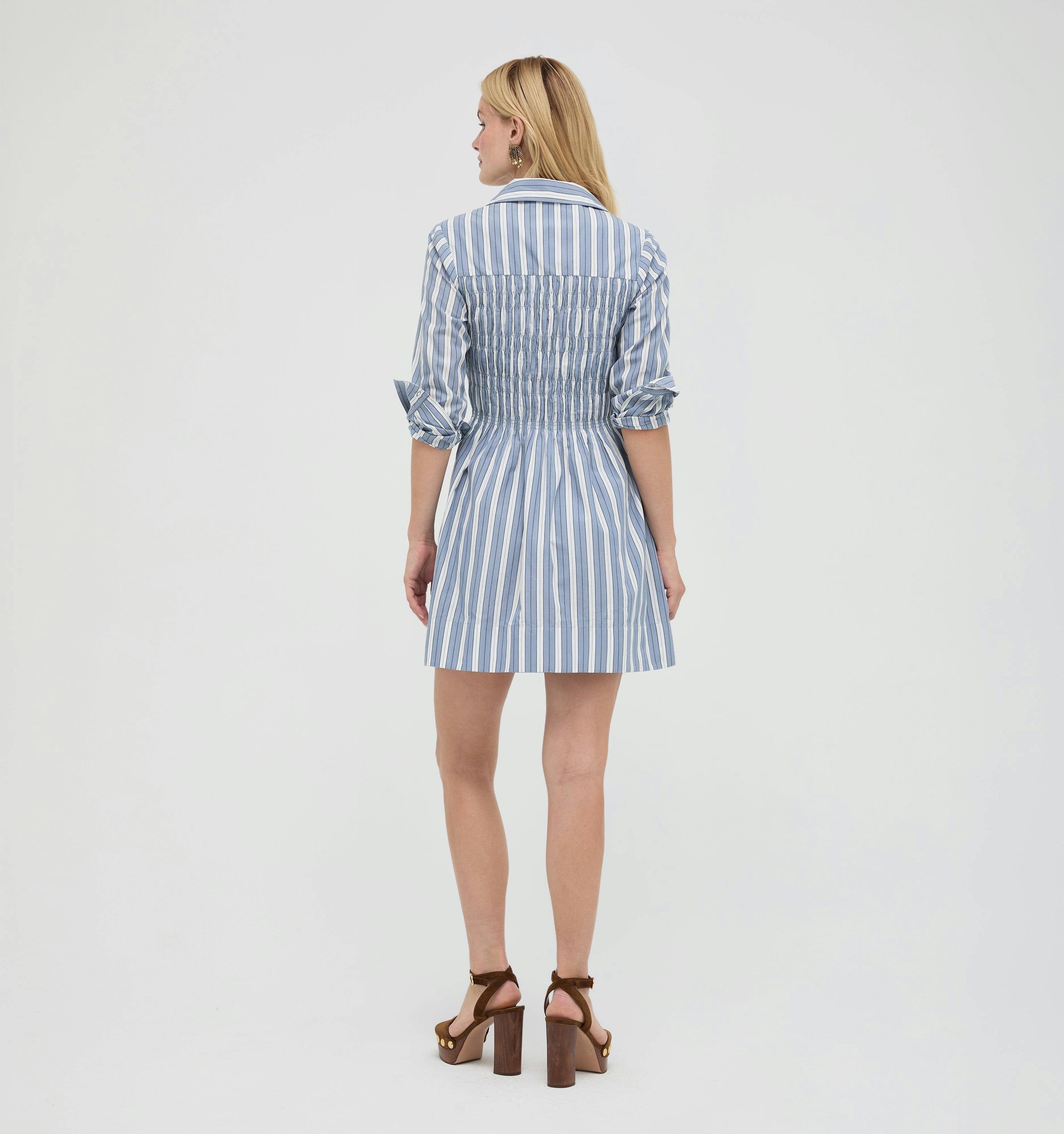 The Mira Dress -  Coln Ticking Stripe Dusty Blue
