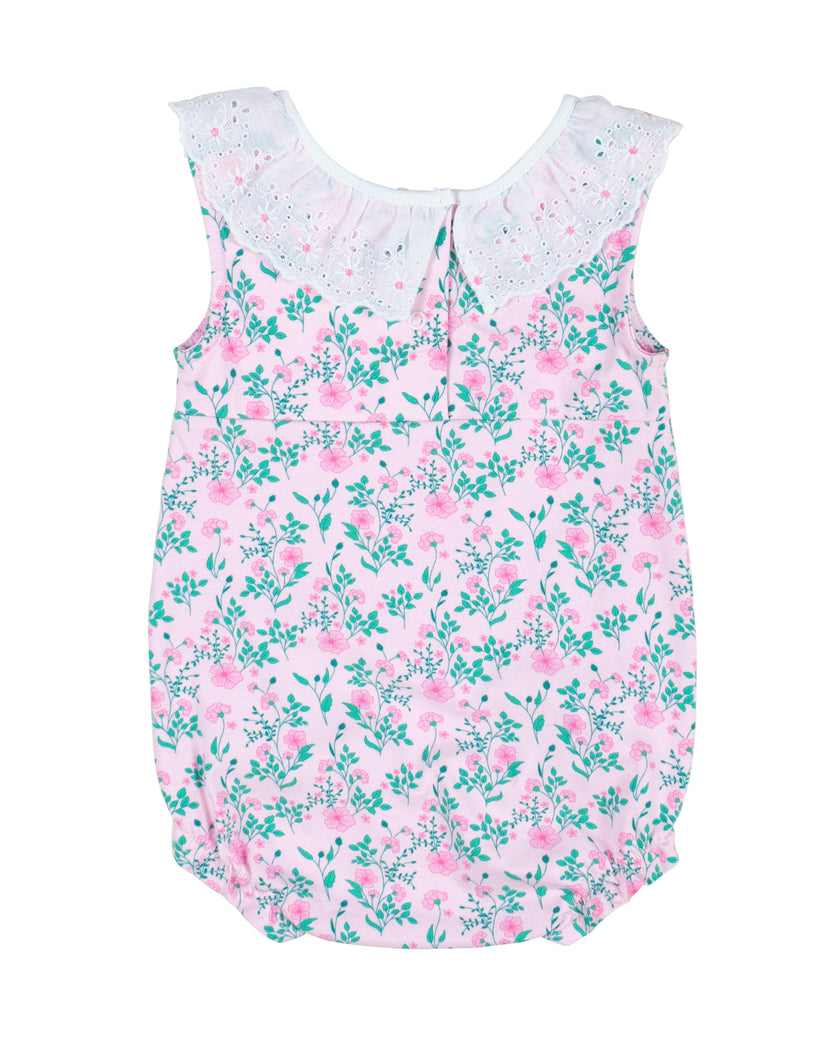 Floral Print Romper with Eyelet Collar