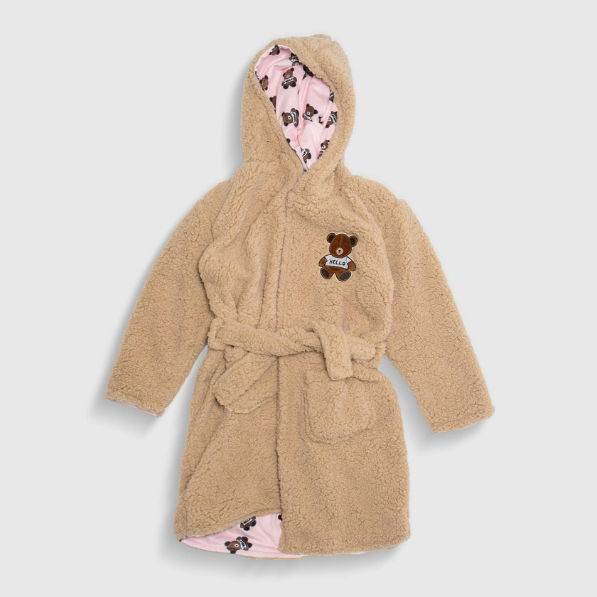 Cozy Switch Robe – Reversible Sherpa & Printed Mink Robe with Appliqué, Teddy Bears