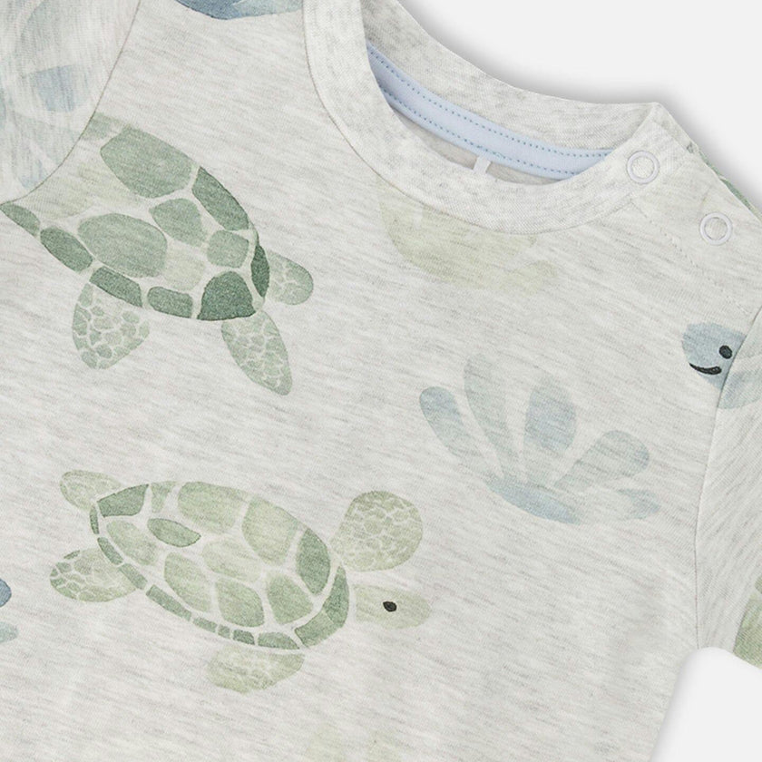 Jersey T-Shirt And Organic Cotton Jersey Shorts Set Grey Mix Turtle Print And Medium Blue