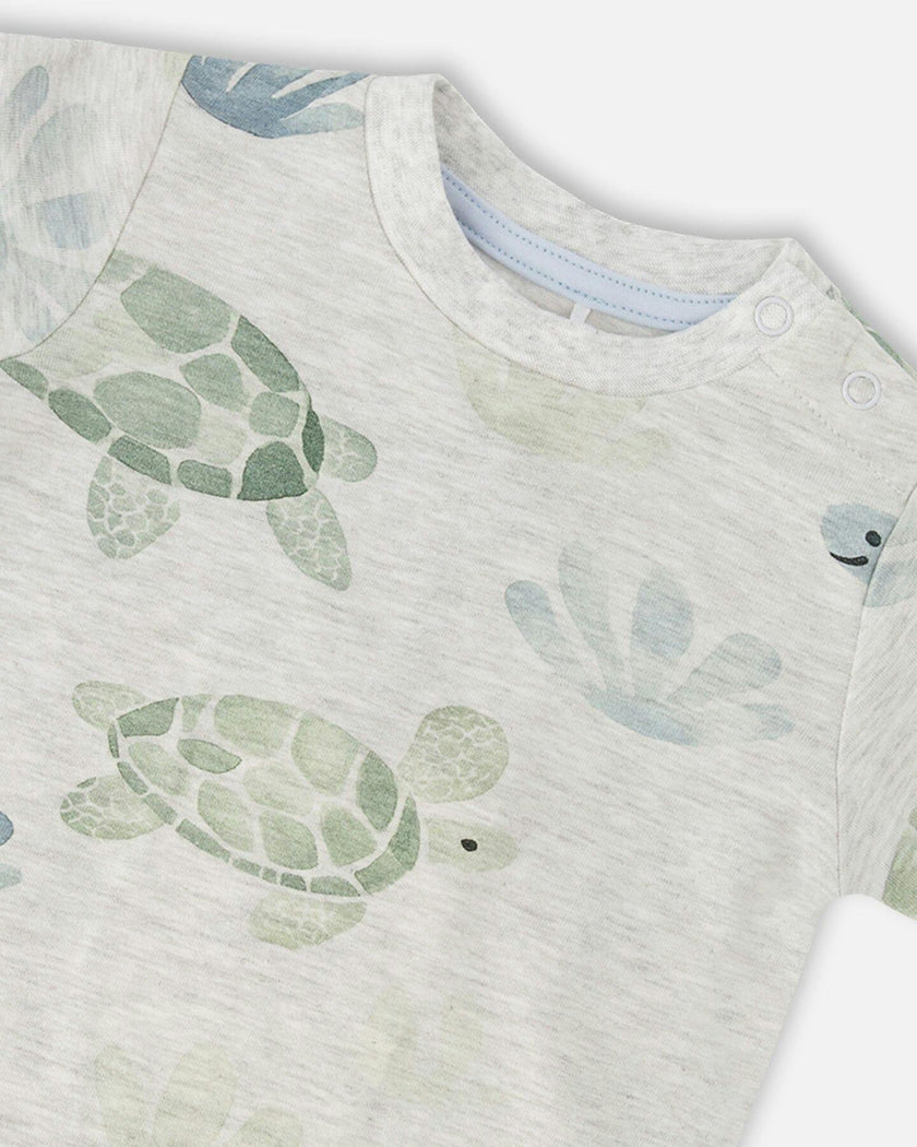 Jersey T-Shirt And Organic Cotton Jersey Shorts Set Grey Mix Turtle Print And Medium Blue
