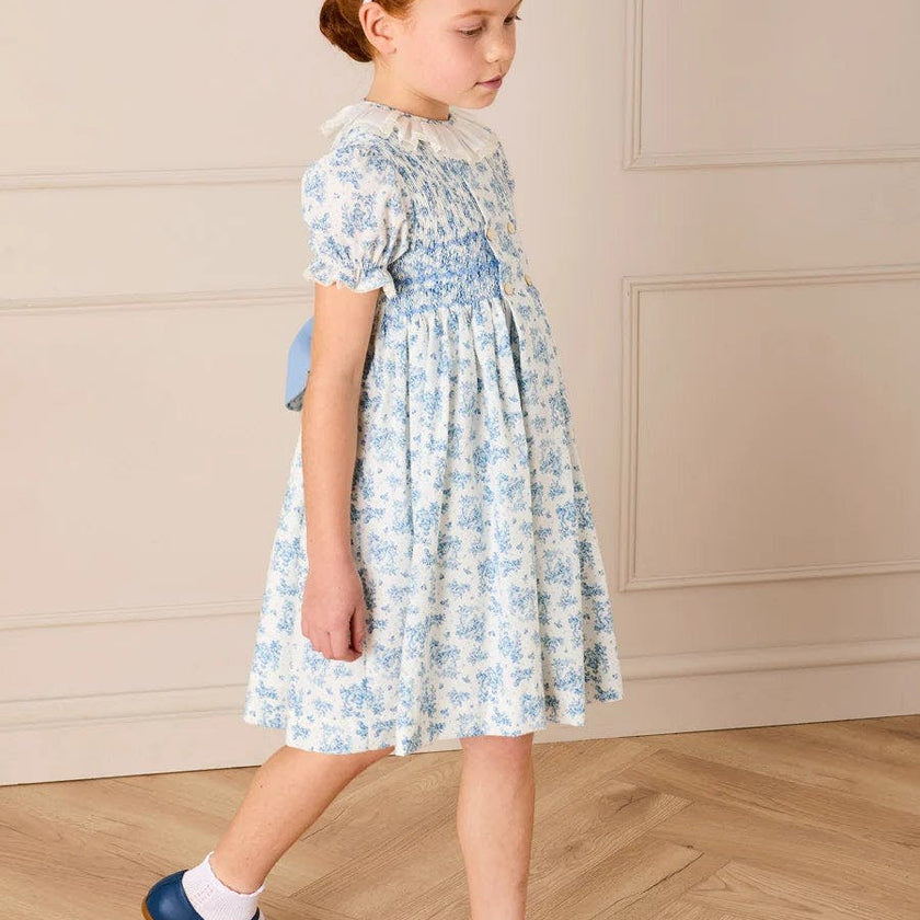Audrey Toile Hand Smocked Ruffle Collar Short Sleeve Dress in Blue (12mths- 10yrs)